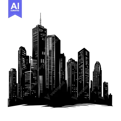 Black and White Silhouette of a City Skyline with Tall Buildings