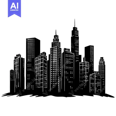 Black and white silhouette of a city skyline with tall buildings