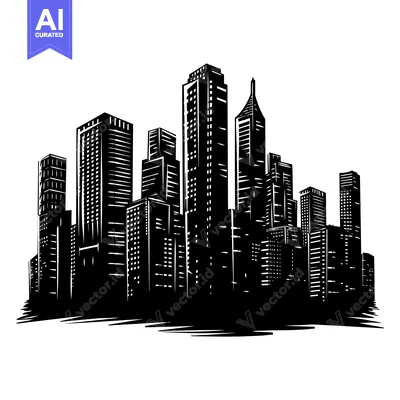 Black and white illustration of a city skyline with tall buildings