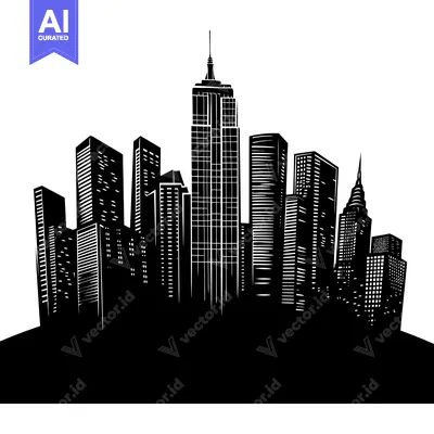 Black and White Silhouette of a City Skyline with Tall Buildings