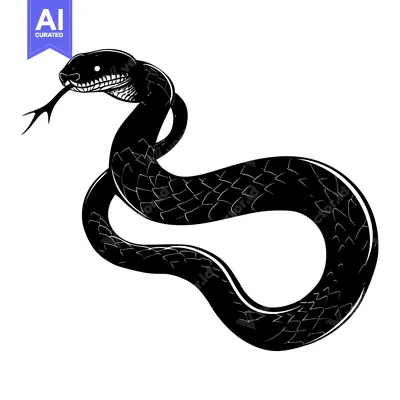 Aset desain premium: Black and White Illustration of a Snake with Scales and Fangs