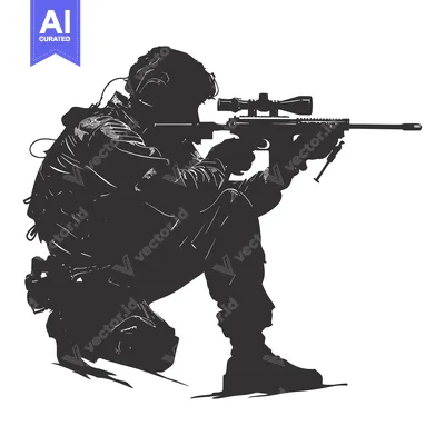 Aset desain premium: Silhouette of a Soldier Kneeling and Aiming with a Sniper Rifle