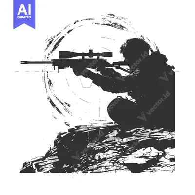 Aset premium populer: Silhouetted Sniper Aiming with Rifle from Rocky Outcrop