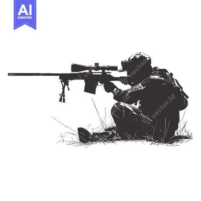 Aset desain premium: Silhouette of a soldier aiming a sniper rifle in a prone position