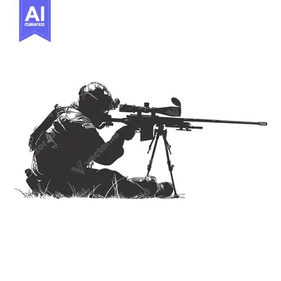 Aset desain premium: Silhouette of a soldier aiming a sniper rifle with a scope