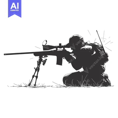 Aset desain premium: A Silhouetted Sniper Aiming a Rifle with Scope