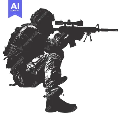 Silhouette of a Soldier Holding a Rifle with a Scope