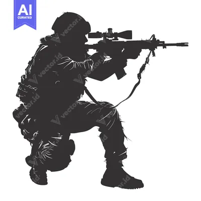 Aset desain premium: Silhouette of a Soldier Aiming a Rifle with a Scope