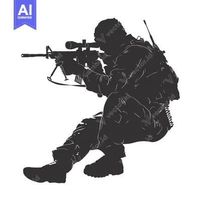 Silhouette of a Soldier Holding a Rifle with a Scope