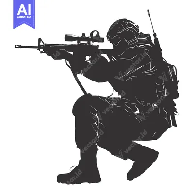 Aset desain premium: Silhouette of a Soldier in a Combat Stance Holding a Rifle