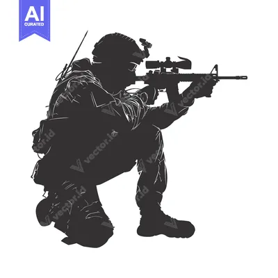 Aset premium populer: Silhouette of a Soldier Kneeling and Aiming a Rifle
