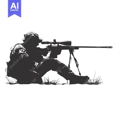Aset desain premium: Silhouette of a Sniper Aiming a Rifle with a Scope