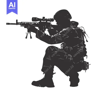 Aset desain premium: Silhouette of a Soldier Kneeling with a Sniper Rifle