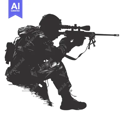 Aset desain premium: Silhouette of a soldier aiming with a sniper rifle