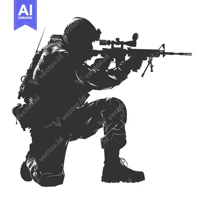 Aset desain premium: Silhouette of a Soldier Kneeling with a Rifle