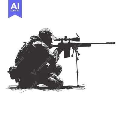 Aset desain premium: A Soldier Kneeling with a Sniper Rifle and Scope