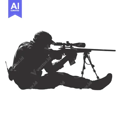 Aset premium populer: Silhouette of a Sniper Aiming a Rifle with a Scope