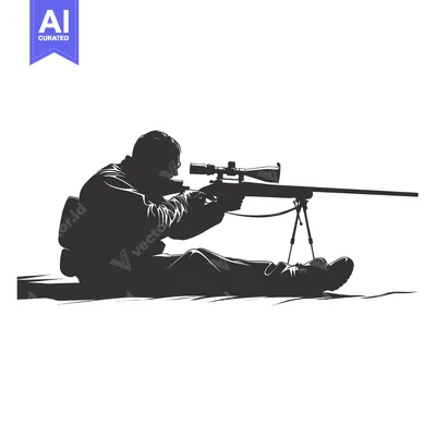 Aset desain premium: Silhouette of a Sniper Aiming a Rifle with a Scope