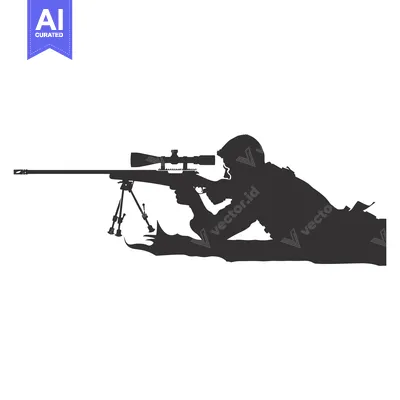 Aset premium populer: Silhouette of a Sniper Aiming a Rifle with a Scope