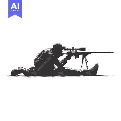 Aset desain premium: Silhouette of a Sniper Aiming a Rifle with a Scope