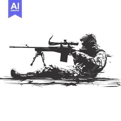 Aset desain premium: Silhouette of a Sniper Aiming a Rifle with Scope