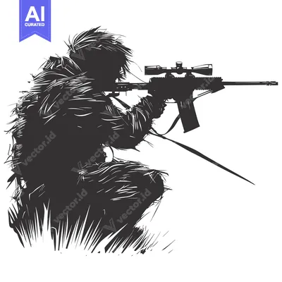 Aset desain premium: Silhouette of a Camouflaged Sniper Aiming a Rifle
