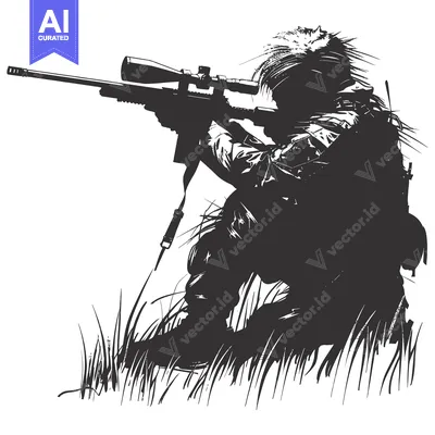 Silhouette of a Sniper Aiming a Rifle in Grass
