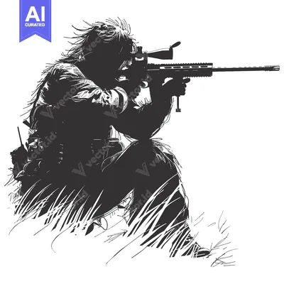 Silhouetted Sniper Aiming Rifle in Grass