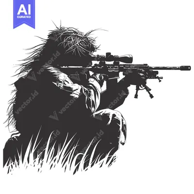 Camouflaged Sniper Aiming with Scope Rifle in Grass