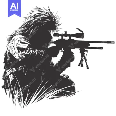 Camouflaged Sniper Aiming Rifle in Grass