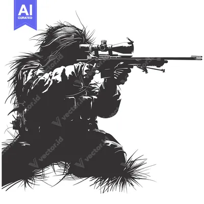 Aset desain premium: Camouflaged Sniper Aiming with Rifle in Grass
