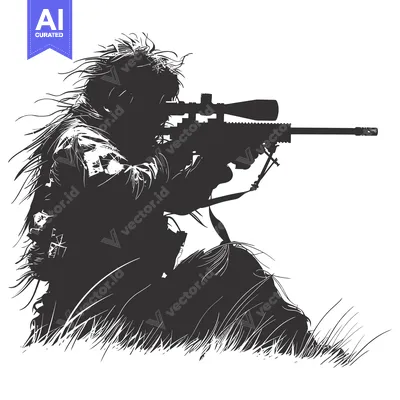 Premium design asset: Camouflaged Sniper Holding a Rifle in a Grassy Field