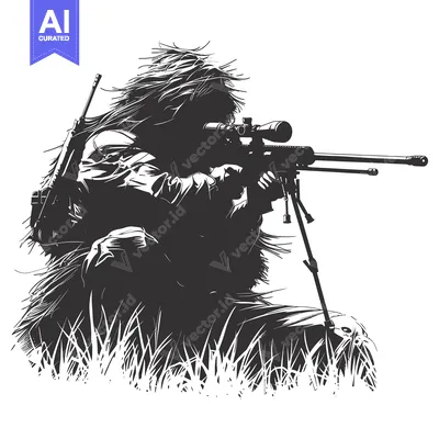 Camouflaged Sniper Holding a Rifle with Scope