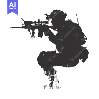 Aset desain premium: Silhouette of a soldier aiming a rifle with a scope