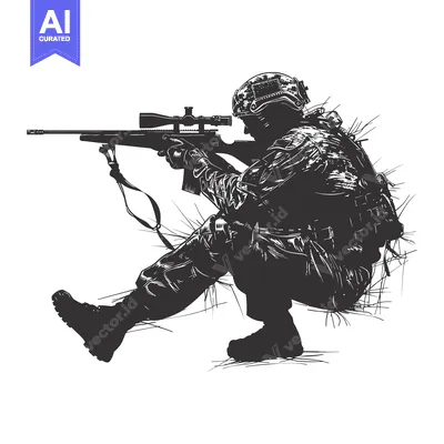 Aset desain premium: A Silhouette of a Sniper Soldier in a Combat Stance