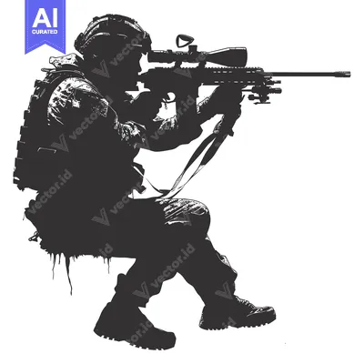Aset desain premium: Silhouette of a Soldier Aiming a Sniper Rifle