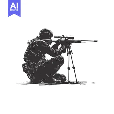 Aset desain premium: A Silhouetted Sniper Kneeling with a Rifle on a Tripod