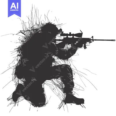 Popular premium asset: A Silhouette of a Soldier Kneeling with a Rifle in a Scribble Art Styl