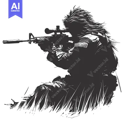 Camouflaged Soldier Aiming Rifle in Grass