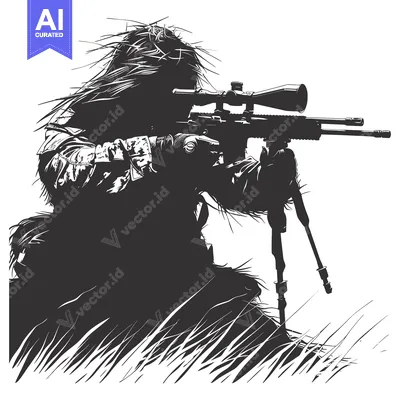 Camouflaged Sniper with Rifle and Scope in Grass