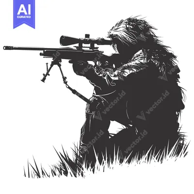 Camouflaged Sniper Aiming Rifle in Grass