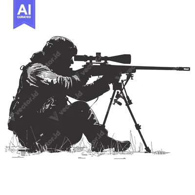 A Silhouetted Sniper Aiming a Rifle with Scope