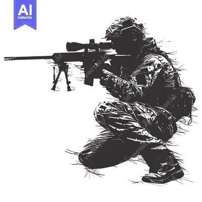 Aset desain premium: Silhouetted Soldier Kneeling with Sniper Rifle