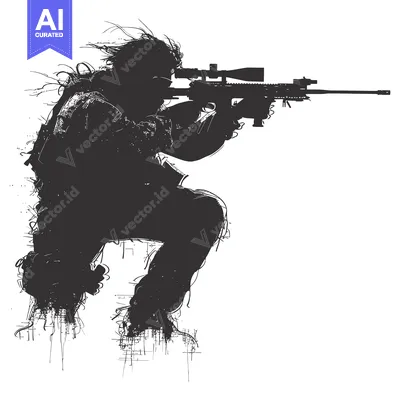 Aset premium populer: Silhouetted Sniper Aiming Rifle with Scope