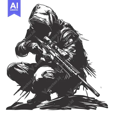 Aset desain premium: Hooded Figure Aiming Sniper Rifle in Crouched Position