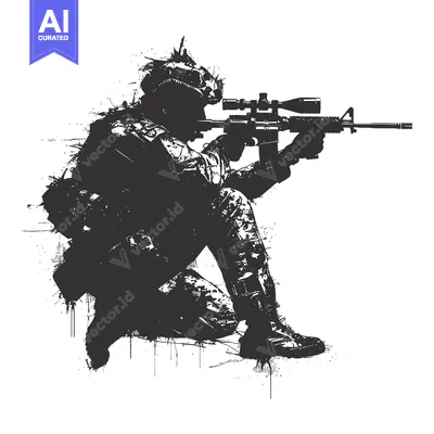 Silhouetted soldier kneeling with rifle aimed