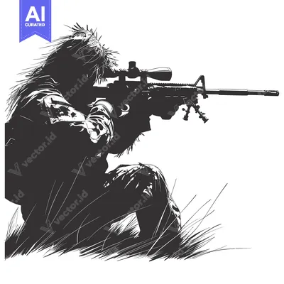 Premium design asset: Camouflaged Sniper Holding a Rifle with Scope