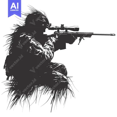 Camouflaged Sniper Holding a Rifle in a Grassy Area