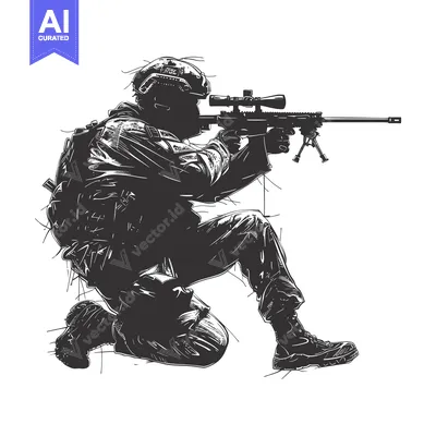 A Silhouetted Sniper Kneeling with a Scope Rifle
