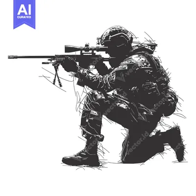 A Soldier Kneeling, Aiming a Sniper Rifle with Scope
